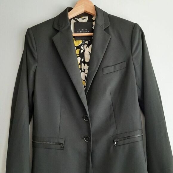 ROBERT RODRIGUEZ / Blazer Jacket Black Button Down Silk Floral Lining Sz 6 - Picture 2 of 16